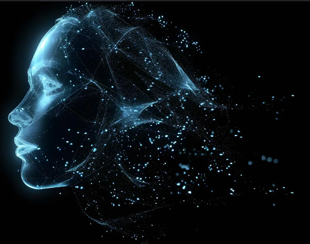Visage holographique IA — Majesté Finara Réseau neuronal